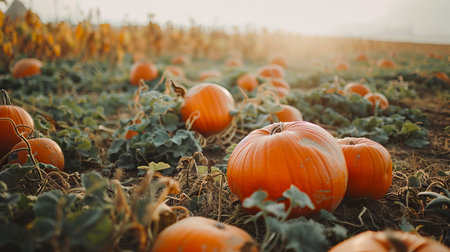 Vibrant Pumpkin Field with Large Orange Pumpkins in a Lush Greenery. Concept of Harvest Season, Autumn, Agriculture, Vegetables.の写真素材
