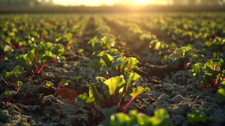 Lush Beetroot vegetable garden at sunrise with vibrant green plants growing in the soil. Concept of agriculture, organic farming, plant cultivation, gardening.の写真素材