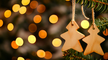 Wooden Christmas tree ornaments on a twine string with festive bokeh lights. Concept of winter...