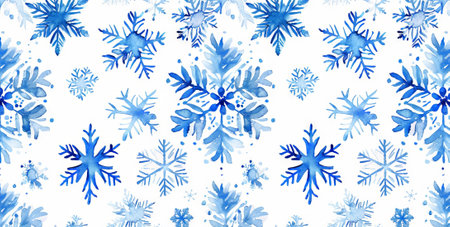Watercolor blue snowflakes pattern on a white background. Concept of Christmas, winter holiday, snow, cold weather, festive decoration. Festive background.の写真素材