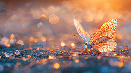 Close-up of crystal butterfly resting on sparkling ice crystals with soft bokeh background. Butterfly wings shimmer, creating magical effect. Concept of beauty, fragility, nature, elegance.の写真素材