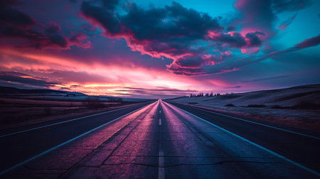 Vibrant Sunset Over a Deserted Highway with Dramatic Skies. Concept of Serene Evening, Wilderness...