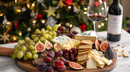 Festive Cheese Platter with Grapes, Crackers, and Wine for Christmas Celebrations and Holiday Gatherings.の写真素材