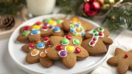 Festive gingerbread cookies decorated with icing and candy on a plate, surrounded by Christmas ornaments and holiday decorations. Concept of holiday treats, festive baking, Christmas traditions, seasonal sweets.の写真素材