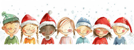 Watercolor Illustration of Diverse Happy Kids in Santa Hats and Scarves. Concept of Christmas Holidays, Festive Season, Joyful Children, Holiday Celebrations.の写真素材