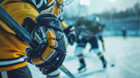 Ice Hockey Player's Hand Gripped on Stick During Intense Game. Concept of sportsmanship, teamwork, athleticism, competitive spirit.の写真素材