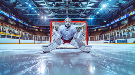 Ice Hockey Goalie in Full Protective Gear Standing in Front of Net on Ice Rink. Concept of Goalkeeper Defense, Sports Intensity, Team Sports, Athletic Performance.の写真素材