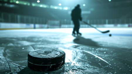 Close-up of a hockey puck on ice with a player in the background, blurred. Concept of ice hockey, sports focus, competition, winter sport.の写真素材