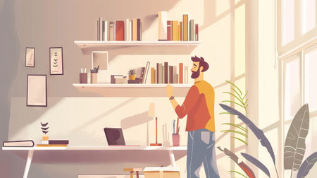 Illustration of a man organizing books in a modern home office setup. Concept of productivity, home workspace, interior organization, bookshelf arrangement. Digital cartoon illustration.の写真素材