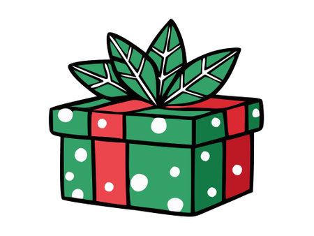 Christmas gift box with a ribbon isolated on a white background. Concept of present illustration, festive season, minimalist style, holiday decor. Print, icon, design element.のイラスト素材
