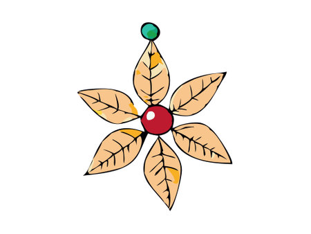 Illustrated Christmas ornament in the shape of a star with beige leaves and a red center on a white background. Concept of holiday decoration, festive decor, Christmas design, seasonal ornament.のイラスト素材