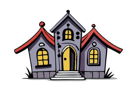 Cartoon style haunted house with spooky windows. Concept of Halloween, spooky architecture, ghost house, haunted mansion, holiday decoration. Print, design elementのイラスト素材