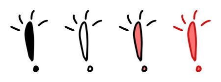 Set of exclamation mark icons featuring colored illustrations, black silhouette, and black outline versions. Isolated on white background. Concept of alert, attention, and importance. Design elements.のイラスト素材