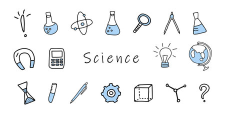 Set of hand-drawn science icons including beaker, atom, magnifying glass, compass, magnet, lightbulb, globe, gear and other, isolated on white. Concept of education, research. Design elements.のイラスト素材
