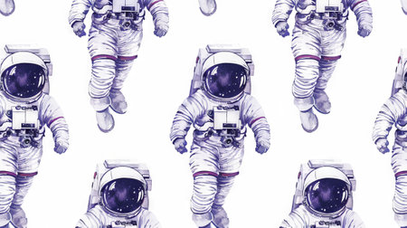Pattern of Astronauts in Space Suits Floating in Zero Gravity. Watercolor background. Concept of Space Exploration, Astronauts, Zero Gravity, Outer Space.の写真素材