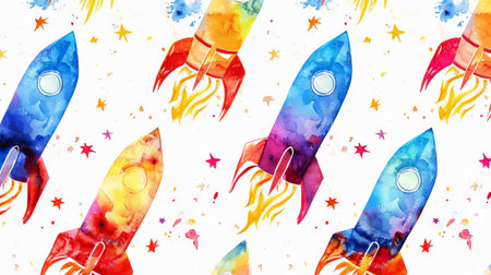 Colorful Watercolor Rockets and Stars Pattern on White Background. Concept of Space, Exploration,...