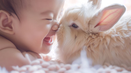 A laughing baby cuddles with a fluffy white bunny, surrounded by soft, cozy blankets. Concept of joy, innocence, childhood, and pet companionship.の写真素材