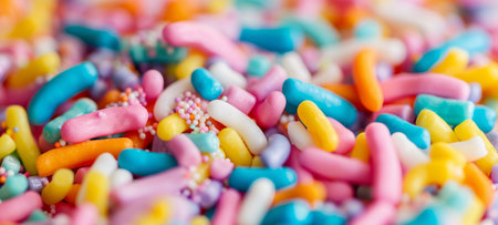 Close-up of colorful sugary sprinkles on a surface. Concept of dessert decoration, sweet treats,...