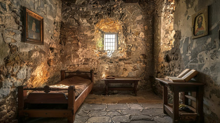 Simple monks cell in a monastery. Sunlit Rustic Room with Stone Walls and Wooden Furniture. Concept...
