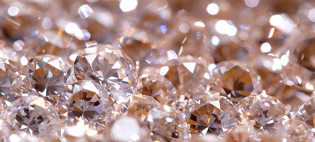 Close-up of sparkling brilliant cut diamonds on a reflective surface. Concept of luxury gemstones, precious jewelry, sparkling brilliance, diamond collection. Background, banner. Copy space.の写真素材