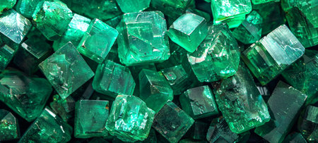 Close-up of Emerald Green Crystals in Various Shapes and Sizes. Concept of Precious Gemstones,...