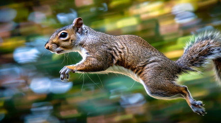Dynamic shot of a squirrel leaping through a lush forest. Concept of nature, wildlife, agility, animal movement.の写真素材