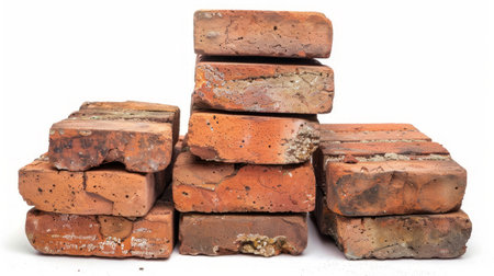 Stack of rustic red bricks in disarray on a white background. Concept of construction materials, building foundation, masonry work, home improvement.の写真素材