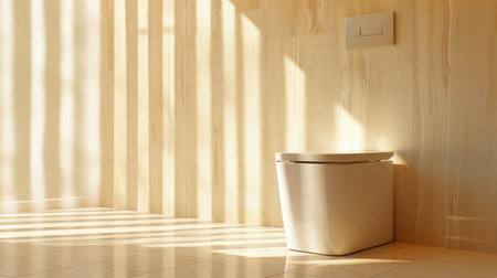 Modern sunlit bathroom with automatic toilet and wooden wall panels. Concept of home technology, interior design, luxury fixtures, contemporary restrooms. Copy space.の写真素材