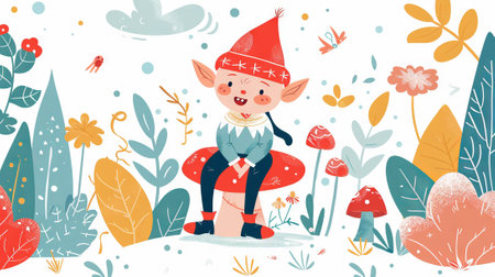 Whimsical cartoon illustration of an elf sitting on a mushroom in a vibrant forest. Concept of fantasy, magical creatures, fairy tales, enchanting nature.の写真素材