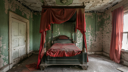 Abandoned Bedroom of Mansion with Vintage Canopy Bed, Peeling Green Paint on Walls, Antique Red Curtains. Concept of decay, abandonment, vintage architecture, eerie atmosphere, Halloween.の写真素材