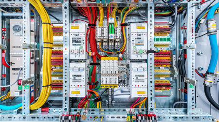 Colorful Circuit Breaker Panel with Vibrant Painted Background. Concept of Electrical System, Energy...