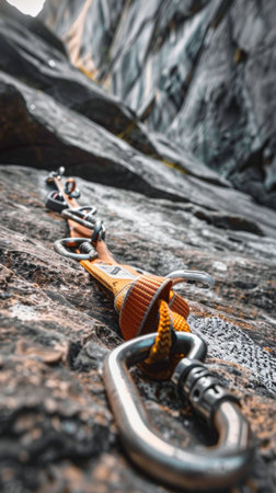 Close-up of Climbing Harness and Carabiners on Rocky Surface. Concept of Outdoor Adventure, Rock...