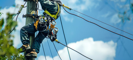 Electrician in protective gear working on a power pole against a blue sky. Concept of electrical...