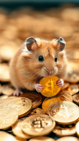 Adorable Hamster Clutching a Bitcoin Surrounded by Golden Coins. Concept of Cryptocurrency, Investments, Wealth, Financial Prosperity in a Fun and Engaging Image. Vertical.の写真素材