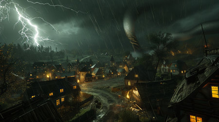 Dramatic Night Scene with Lightning and Tornado Approaching Town. Digital illustration.