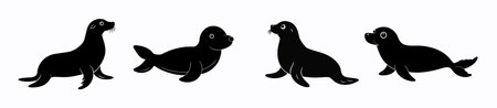 Black silhouette of seals in various poses isolated on a white background. Concept of marine animals, cute seals, minimalist style, underwater life. Print, icon, design element.のイラスト素材