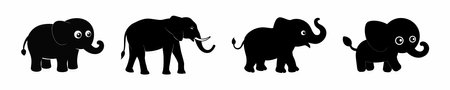 Black Silhouettes of Elephants Isolated on a White Background. Concept of Wildlife Illustration, Animal Icons, Minimalist Style, Cute Baby Elephants, Print Design Elements.のイラスト素材