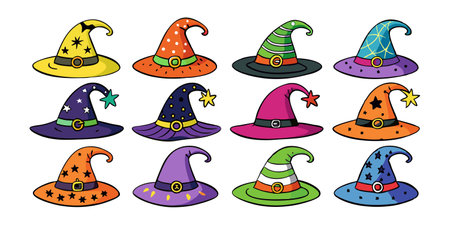 Set of Witch hats isolated on a white background. Wizard pointed hats. Concept of Magic Accessory,...