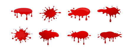 Set of Various Red Blood Stains or Paint Blots Isolated on White Background. Concept of Blood Drips, Splashes, Liquid Effects for Halloween, Crime Scenes, Graphic Design Elements.のイラスト素材