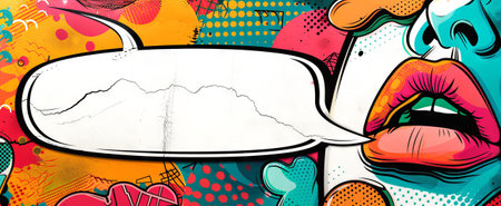 Pop Art Style Banner Showcasing a Colorful Mix of Comic Book Elements, Speech Bubble, female lips, and Vibrant Colors. Copy space.の写真素材