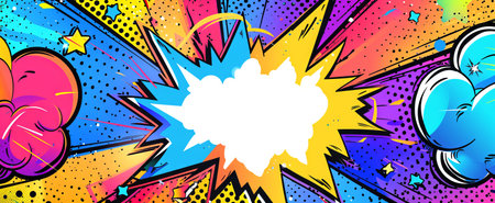 Vibrant Pop Art Style Banner with Bright Colors and Comic Book Elements Including Stars, Clouds, and...