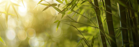 Close-Up of a Sunlit Bamboo Grove with Yellow-Green Leaves Captured on a Warm Sunny Day. Concept of Natural Beauty, Serene Environment, Botanical Tranquility, Lush Greenery. Banner.の写真素材