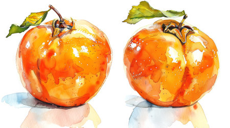 Watercolor Illustration of Whole Persimmon with Leaves. Concept of Fresh Fruit, Healthy Eating, Nature's Bounty, and Artistic Expression. Isolated on white background.の写真素材