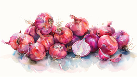 Watercolor Illustration of Vibrant Red Onions with Green Stems. Concept of Fresh Vegetables, Organic Food, Culinary Arts, and Farm to Table Produce. Isolated on white background.の写真素材