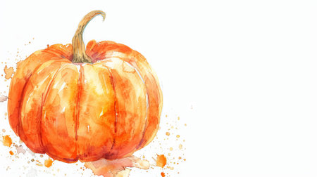 Vibrant Watercolor Illustration of a Bright Orange Pumpkin. Concept of Autumn Harvest, Halloween Decoration, Seasonal Art, Fall Colors. Copy space.の写真素材