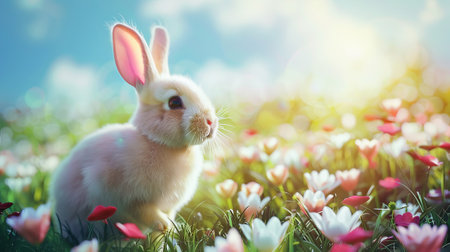 Adorable Fluffy Rabbit in a Sunny Flower-Filled Meadow. Concept of Springtime, Nature Beauty, Easter Bunny, Cute Animals, Outdoor Serenity.の写真素材