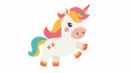 Colorful Cartoon Unicorn with Rainbow Horn and Butterfly Decorations. Concept of Fantasy, Magic, Children's Imagination, Dreamlike Creatures. Digital illustration.の写真素材