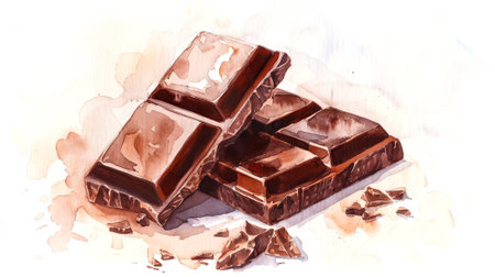 Watercolor Illustration of Chocolate Bar with Chocolate Chunks and Splash Background. Concept of Sweet Treats, Dessert, Candy, and Artistic Food Representation.の写真素材