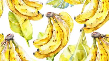 Watercolor bananas pattern with vibrant yellow and brown speckles on light background. Abstract fruit backdrop.の写真素材