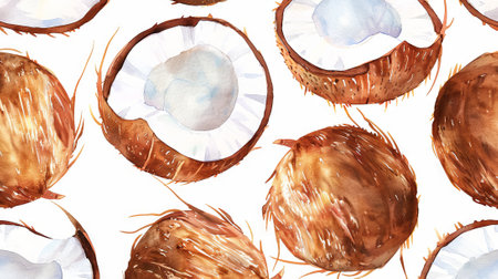Watercolor coconut pattern, creative tropical fruit design. Abstract backdrop.の写真素材